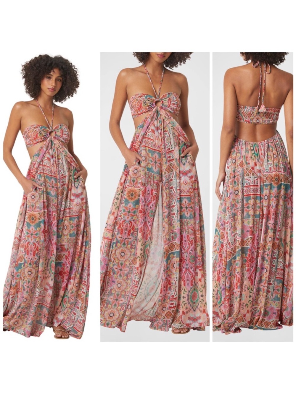 Misa Los Angeles Pink Multi Paisley Halter neck maxi Jumpsuit